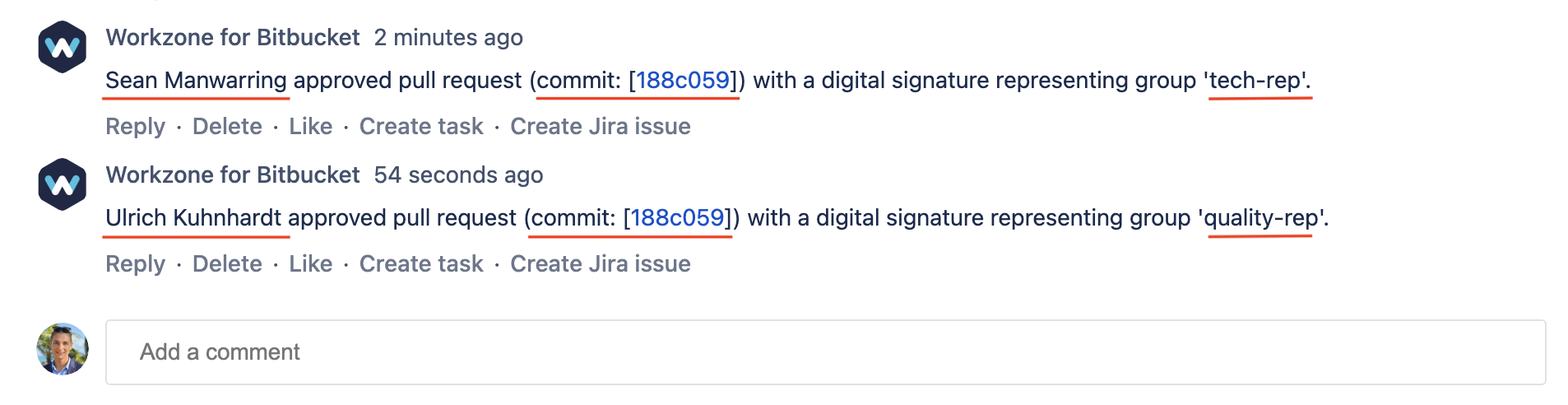 Workzone signed approval information recorded in Bitbucket pull request history